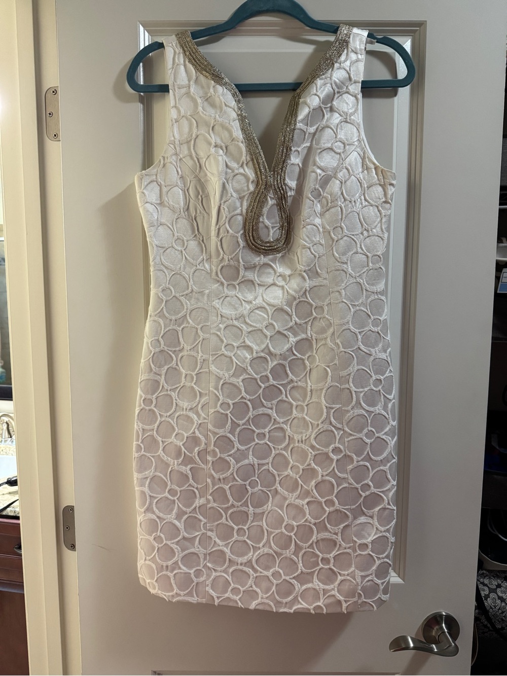 Lilly Pulitzer White Embroidered Mini Dress with Gold Trim